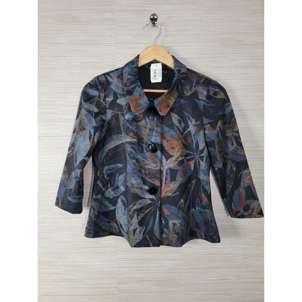 Andria Lieu Women's Floral Jacket Blazer Blue Black Button Front USA Size S NWT